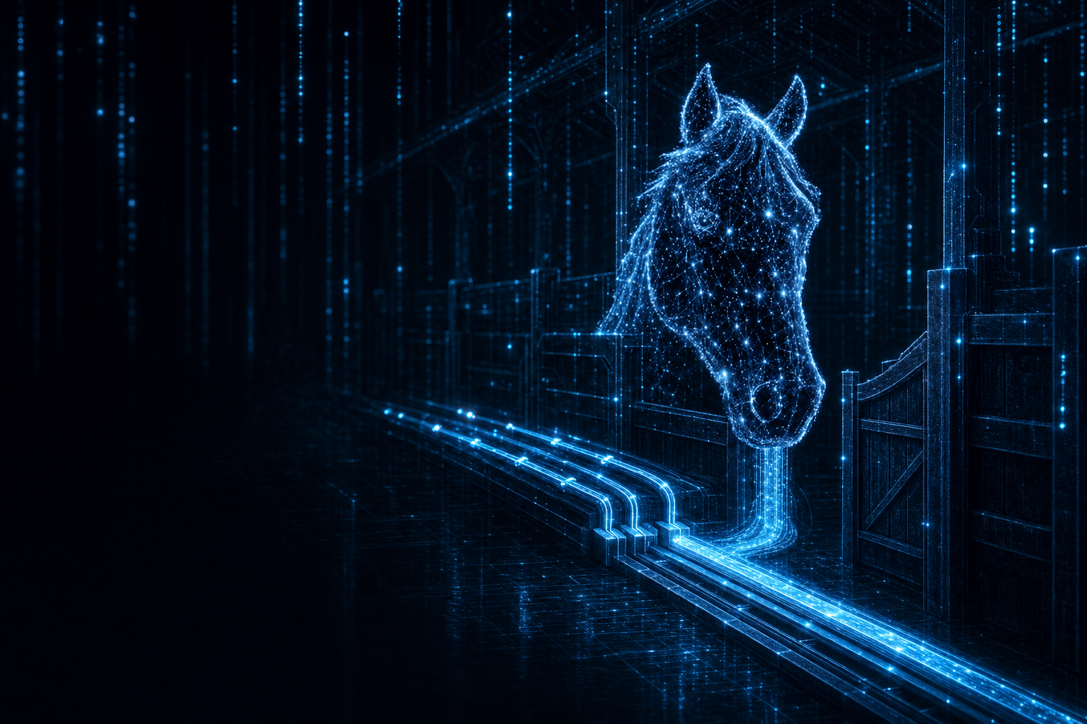 The Harness AI horse standing in a dark digital stable of glowing data rails
