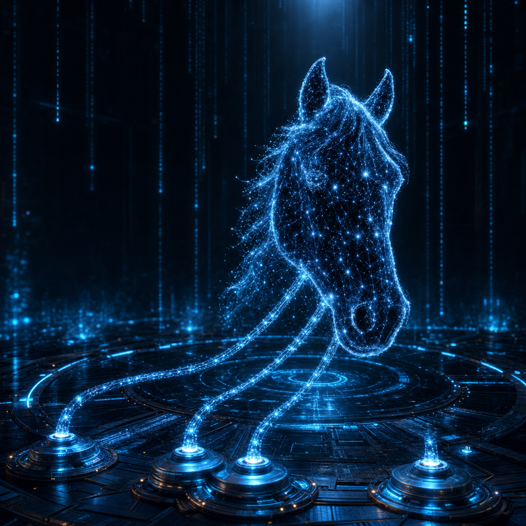 The Harness AI horse on a circular tech dais ringed with glowing pedestals